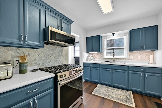 kitchen featuring appliances with stainless steel finishes, blue cabinetry, a sink, and plenty of natural light