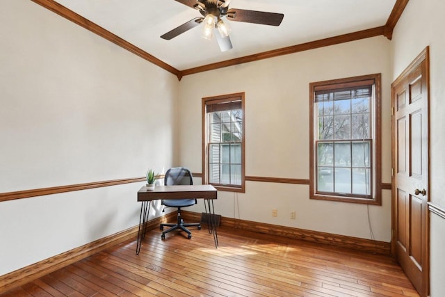1714 Lewon Dr, Madison, WI 53711 - office with light wood-style floors, ornamental molding, baseboards, and ceiling fan