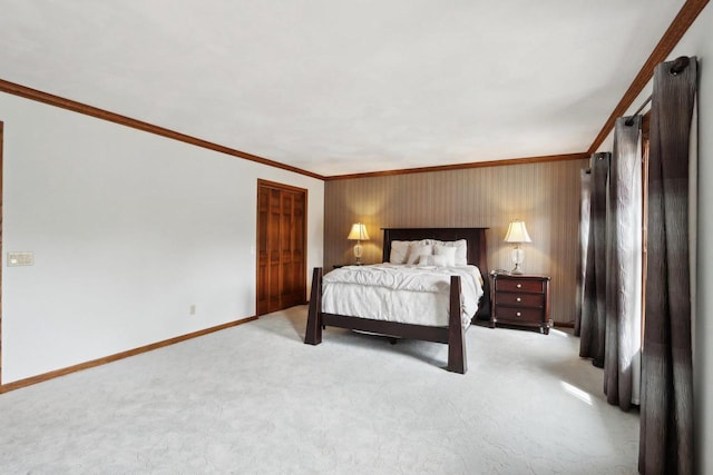 1714 Lewon Dr, Madison, WI 53711 - bedroom featuring ornamental molding, baseboards, light carpet, and wood walls