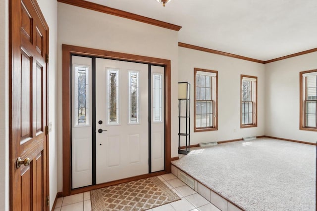 1714 Lewon Dr, Madison, WI 53711 - foyer with baseboards, light colored carpet, ornamental molding, and light tile patterned flooring