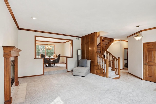 1714 Lewon Dr, Madison, WI 53711 - living area featuring crown molding, stairs, light carpet, a fireplace with flush hearth, and a chandelier