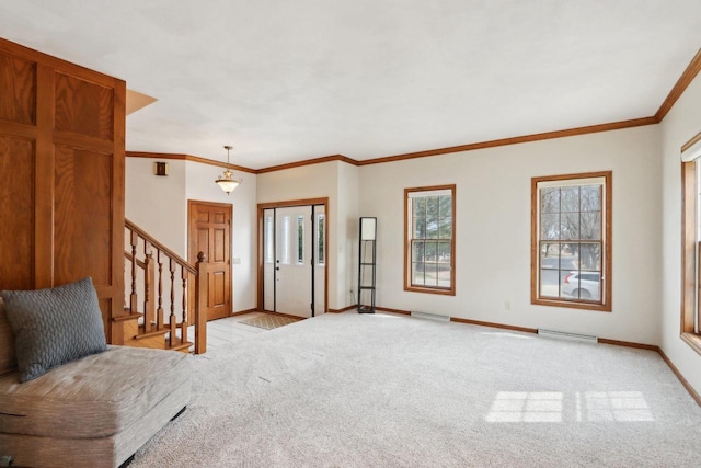 1714 Lewon Dr, Madison, WI 53711 - foyer featuring light carpet, baseboards, stairs, and crown molding