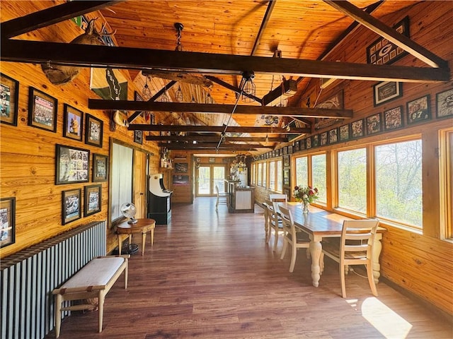 E6355 County Road D Dr, Colfax, WI 54730 - dining room with wood walls, wood finished floors, beamed ceiling, wooden ceiling, and high vaulted ceiling