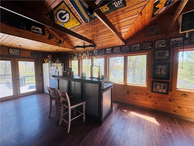 E6355 County Road D Dr, Colfax, WI 54730 - office space with wooden ceiling, french doors, dark wood-style floors, and wood walls