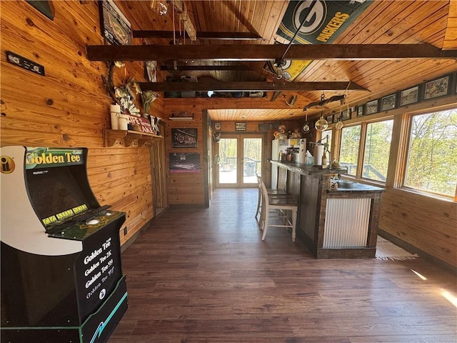 E6355 County Road D Dr, Colfax, WI 54730 - kitchen featuring wood walls, wood ceiling, hardwood / wood-style floors, and french doors