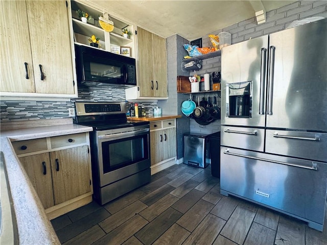 E6355 County Road D Dr, Colfax, WI 54730 - kitchen featuring appliances with stainless steel finishes, open shelves, wood finish floors, and backsplash
