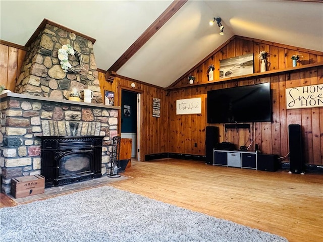 E6355 County Road D Dr, Colfax, WI 54730 - unfurnished living room with wooden walls, lofted ceiling, and wood finished floors