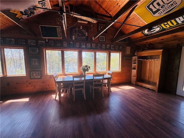 E6355 County Road D Dr, Colfax, WI 54730 - dining area with wooden ceiling, wood-type flooring, beam ceiling, wooden walls, and high vaulted ceiling