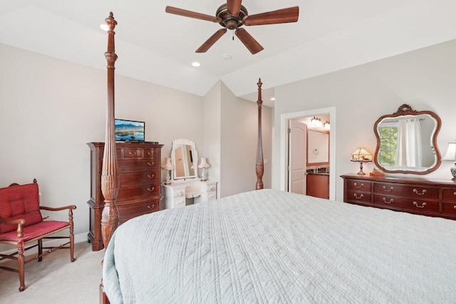 2140 Prairie View Pt, Lake Geneva, WI 53147 - bedroom featuring light colored carpet, lofted ceiling, a ceiling fan, baseboards, and recessed lighting