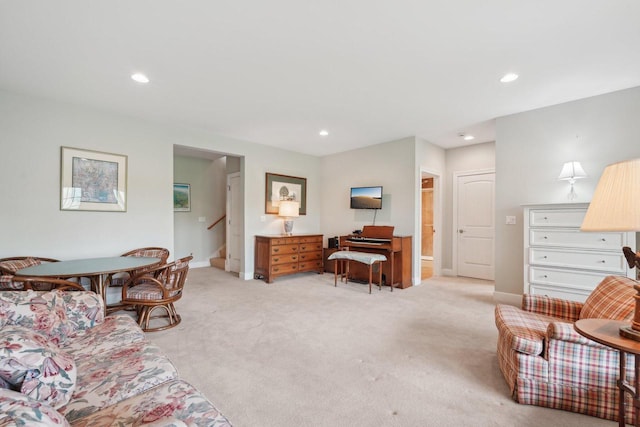 2140 Prairie View Pt, Lake Geneva, WI 53147 - living room featuring light carpet, recessed lighting, baseboards, and stairway