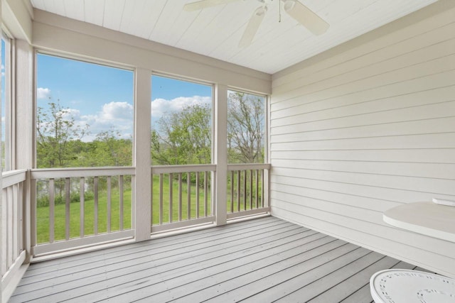 2140 Prairie View Pt, Lake Geneva, WI 53147 - unfurnished sunroom featuring ceiling fan, wood finished floors, a wooden deck, wood ceiling, and wooden walls