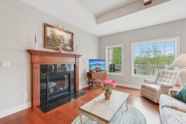 2140 Prairie View Pt, Lake Geneva, WI 53147 - living room with a premium fireplace, wood finished floors, baseboards, and a tray ceiling