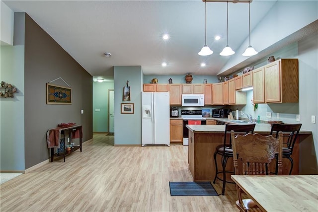 13037 40th Ave Ave, Chippewa Falls, WI 54729 - kitchen with white appliances, a peninsula, light wood finished floors, hanging light fixtures, and lofted ceiling