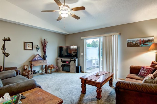 13037 40th Ave Ave, Chippewa Falls, WI 54729 - carpeted living room with a ceiling fan, vaulted ceiling, and a fireplace