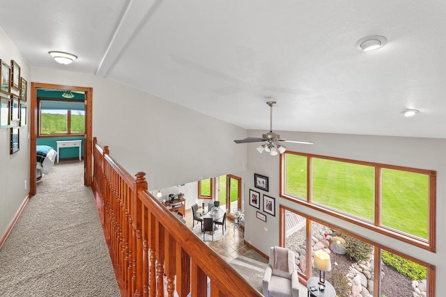 W5412 Bowe Ln, Fond Du Lac, WI 54937 - hall with carpet flooring, lofted ceiling, an upstairs landing, and baseboards