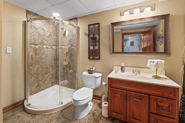 W5412 Bowe Ln, Fond Du Lac, WI 54937 - bathroom featuring toilet, a shower stall, baseboards, vanity, and tile patterned flooring