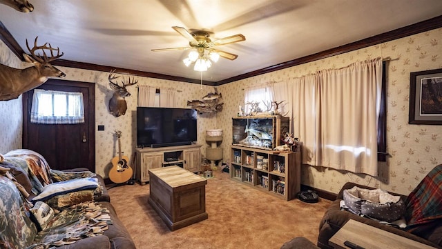207 E Sumner St, Weyauwega, WI 54983 - carpeted living room featuring wallpapered walls, ceiling fan, and crown molding