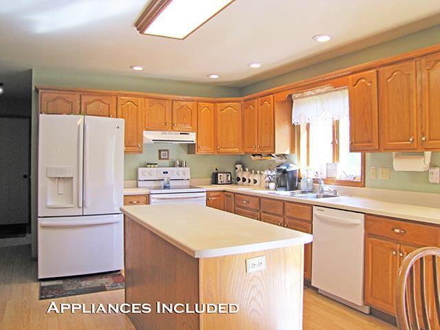 1060 Kamla Ct, Platteville, WI 53818 - kitchen featuring white appliances, extractor fan, a sink, light wood-style floors, and light countertops