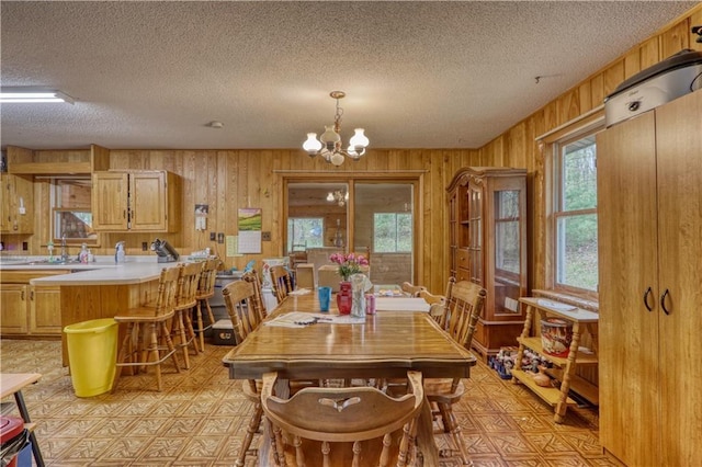 10148 Mcclaine Rd, Hayward, WI 54843 - dining area featuring wooden walls, a chandelier, and a textured ceiling