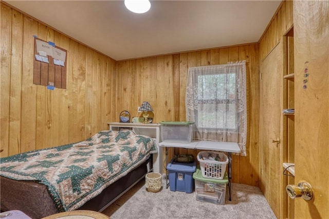 10148 Mcclaine Rd, Hayward, WI 54843 - carpeted bedroom featuring wood walls
