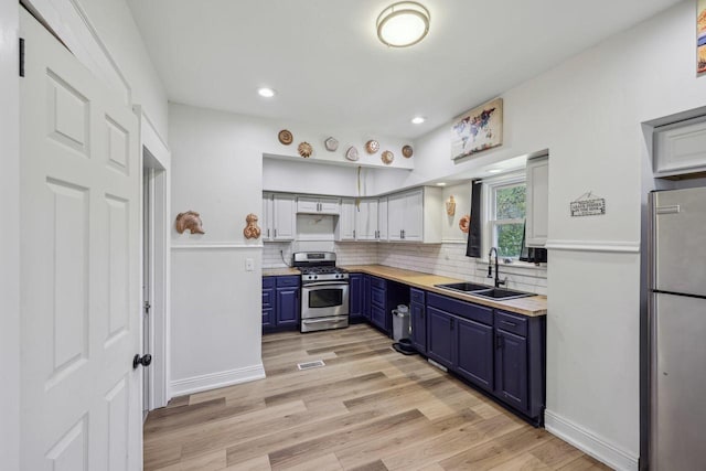 kitchen with blue cabinetry, appliances with stainless steel finishes, a sink, backsplash, and light wood-style flooring