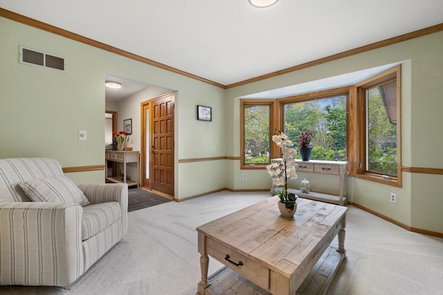 4330 Wilderness Dr, Mount Pleasant, WI 53403 - living area featuring light carpet, baseboards, healthy amount of natural light, and crown molding