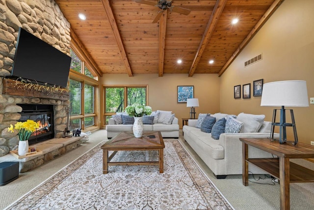 4330 Wilderness Dr, Mount Pleasant, WI 53403 - living room with carpet flooring, wooden ceiling with exposed beams, high vaulted ceiling, a stone fireplace, and a ceiling fan