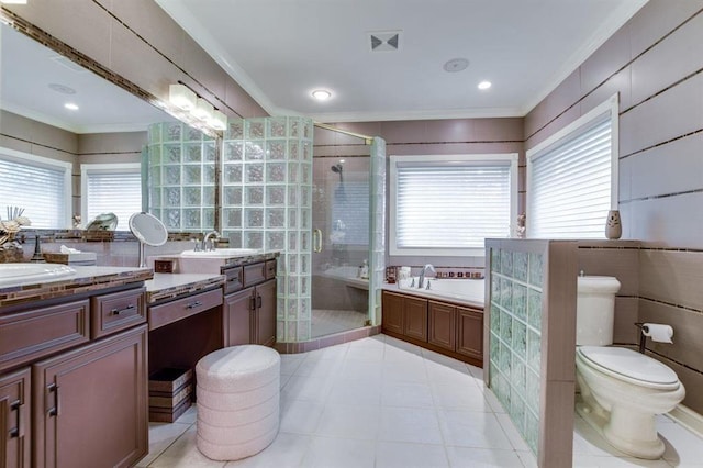 9121 Blackhawk Rd, Middleton, WI 53562 - full bathroom with crown molding, a shower stall, plenty of natural light, a bath, and vanity