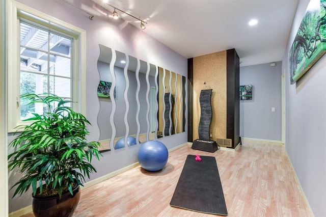 9121 Blackhawk Rd, Middleton, WI 53562 - workout room featuring track lighting, wood finished floors, and baseboards