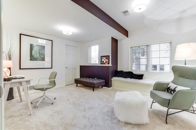 9121 Blackhawk Rd, Middleton, WI 53562 - sitting room featuring carpet floors, beamed ceiling, and baseboards