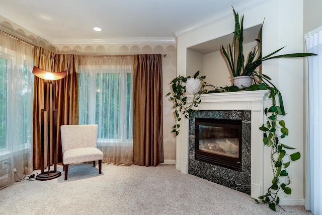 9121 Blackhawk Rd, Middleton, WI 53562 - living area featuring a fireplace, carpet, plenty of natural light, and crown molding