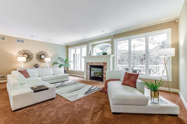 9121 Blackhawk Rd, Middleton, WI 53562 - living area with crown molding, a premium fireplace, baseboards, and carpet flooring