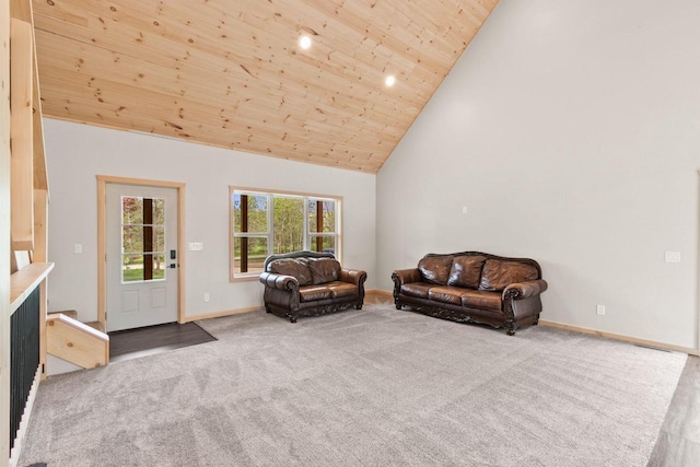 2806 3rd Ct, Oxford, WI 53952 - living room with wood ceiling, carpet flooring, high vaulted ceiling, and baseboards
