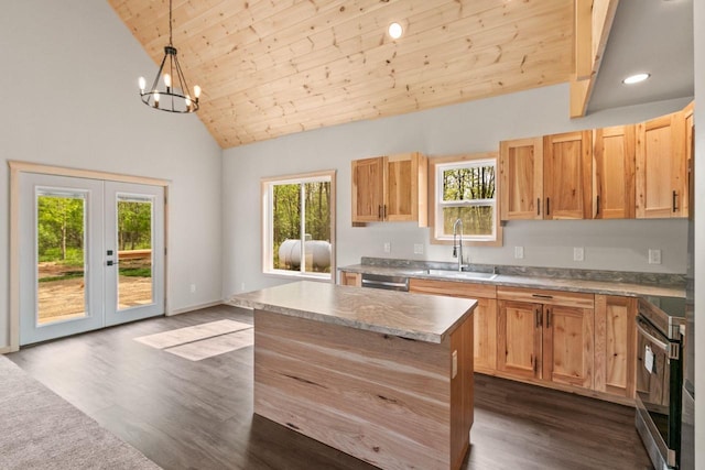 2806 3rd Ct, Oxford, WI 53952 - kitchen with stainless steel electric range oven, a sink, wooden ceiling, dark wood-type flooring, and recessed lighting