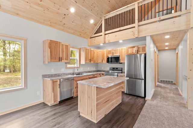 2806 3rd Ct, Oxford, WI 53952 - kitchen featuring appliances with stainless steel finishes, a sink, light brown cabinetry, light countertops, and high vaulted ceiling