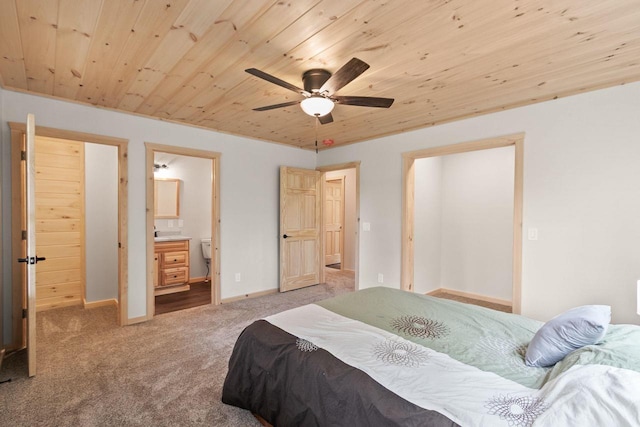 2806 3rd Ct, Oxford, WI 53952 - bedroom with wooden ceiling, carpet, baseboards, ensuite bath, and ceiling fan