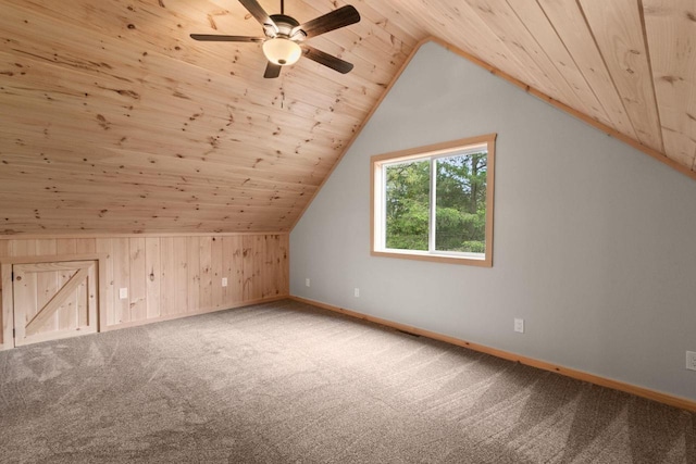 2806 3rd Ct, Oxford, WI 53952 - additional living space with wooden ceiling, baseboards, carpet floors, lofted ceiling, and ceiling fan