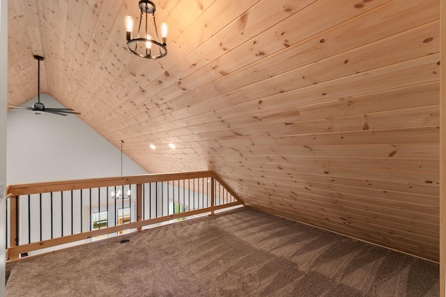 2806 3rd Ct, Oxford, WI 53952 - bonus room featuring a ceiling fan, carpet flooring, lofted ceiling, a chandelier, and wooden ceiling