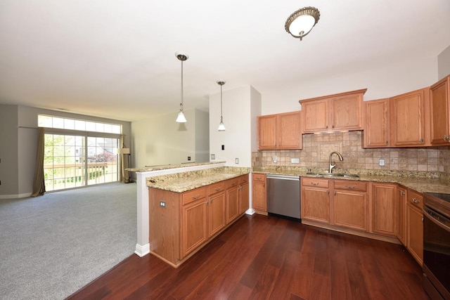 kitchen with appliances with stainless steel finishes, a sink, a peninsula, and dark wood finished floors