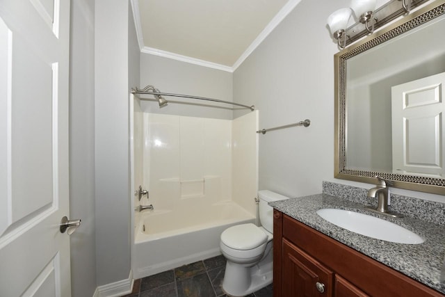 full bath featuring ornamental molding, toilet, vanity, stone finish floors, and shower / washtub combination