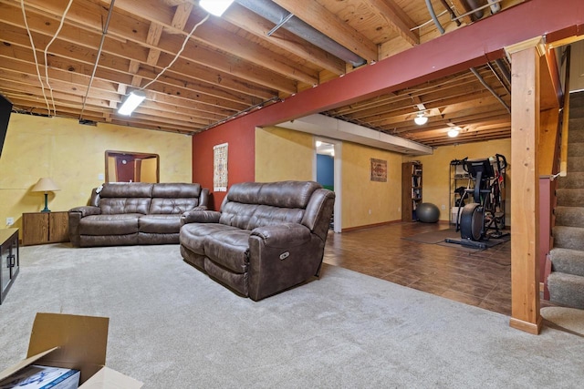 N6120 Evergreen Dr, Elkhorn, WI 53121 - tiled living room featuring stairs, carpet floors, and baseboards