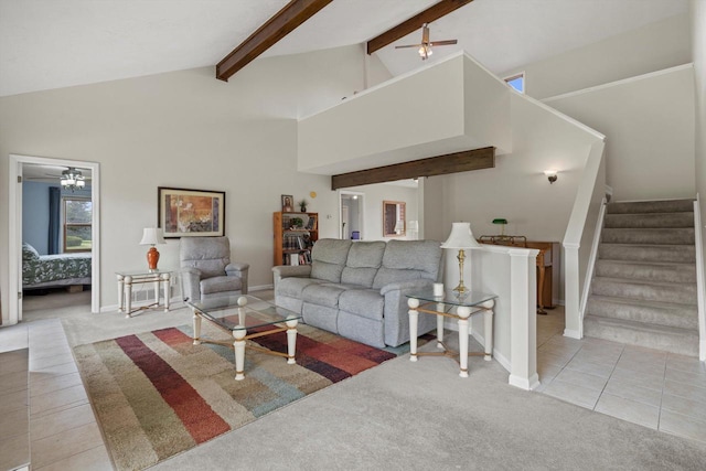 N6120 Evergreen Dr, Elkhorn, WI 53121 - living room with a ceiling fan, light carpet, stairway, beamed ceiling, and baseboards