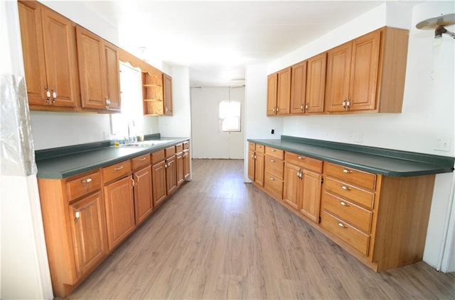 W2585 County Road R, Durand, WI 54736 - kitchen featuring dark countertops, light wood-style floors, a sink, and open shelves