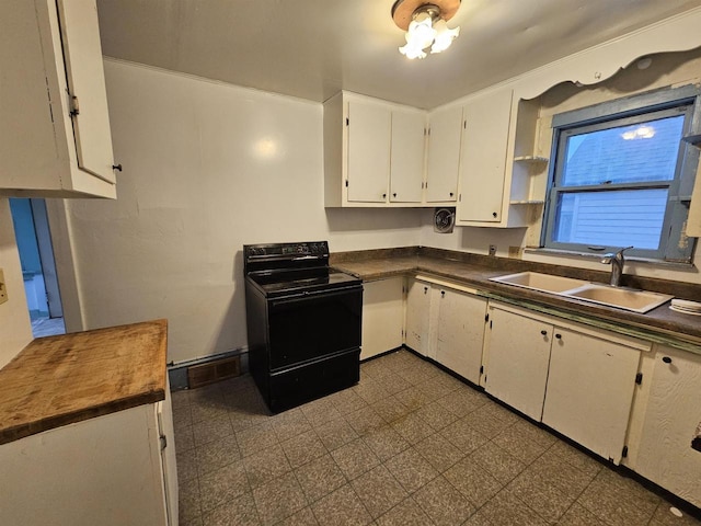 308 W Prospect St, Endeavor, WI 53930 - kitchen featuring black electric range oven, dark countertops, a sink, white cabinets, and open shelves