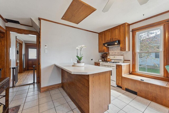 610 W Franklin St, Portage, WI 53901 - kitchen with white gas stove, under cabinet range hood, a peninsula, light countertops, and ornamental molding