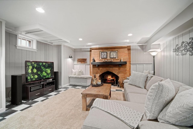 2663 N Wahl Ave, Milwaukee, WI 53211 - living room featuring a fireplace, wooden walls, and recessed lighting