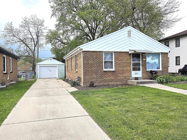 bungalow-style house featuring concrete driveway, a garage, brick siding, an outbuilding, and a front yard