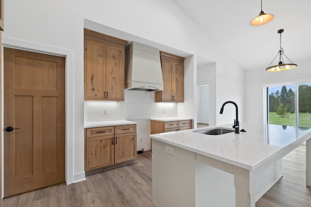 2161 Wallace Lake Rd Unit Lt10, West Bend, WI 53090 - kitchen featuring a sink, premium range hood, decorative light fixtures, light wood-style flooring, and backsplash
