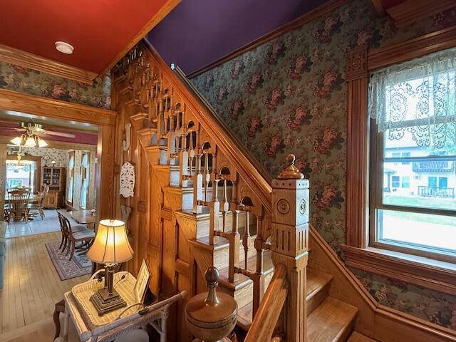 400 S Water St, Sparta, WI 54656 - stairs featuring wallpapered walls, wood finished floors, and a ceiling fan