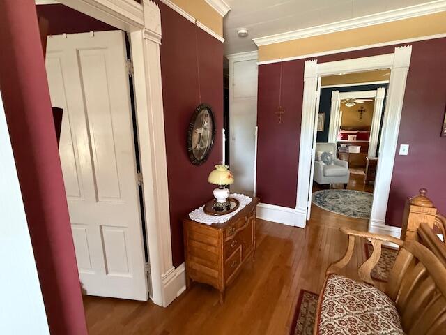 400 S Water St, Sparta, WI 54656 - hall with wood finished floors, ornamental molding, and baseboards